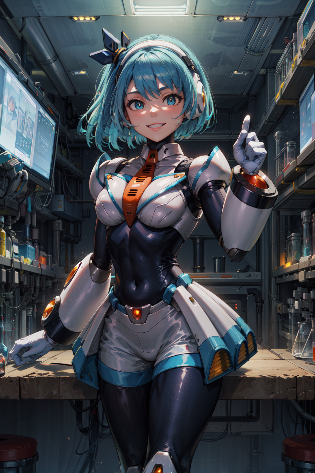 masterpiece,best quality,1girl,rico_megamanxdive,blue eyes,blue hair,bodysuit,android,short hair,smile,gloves,laboratory,s...